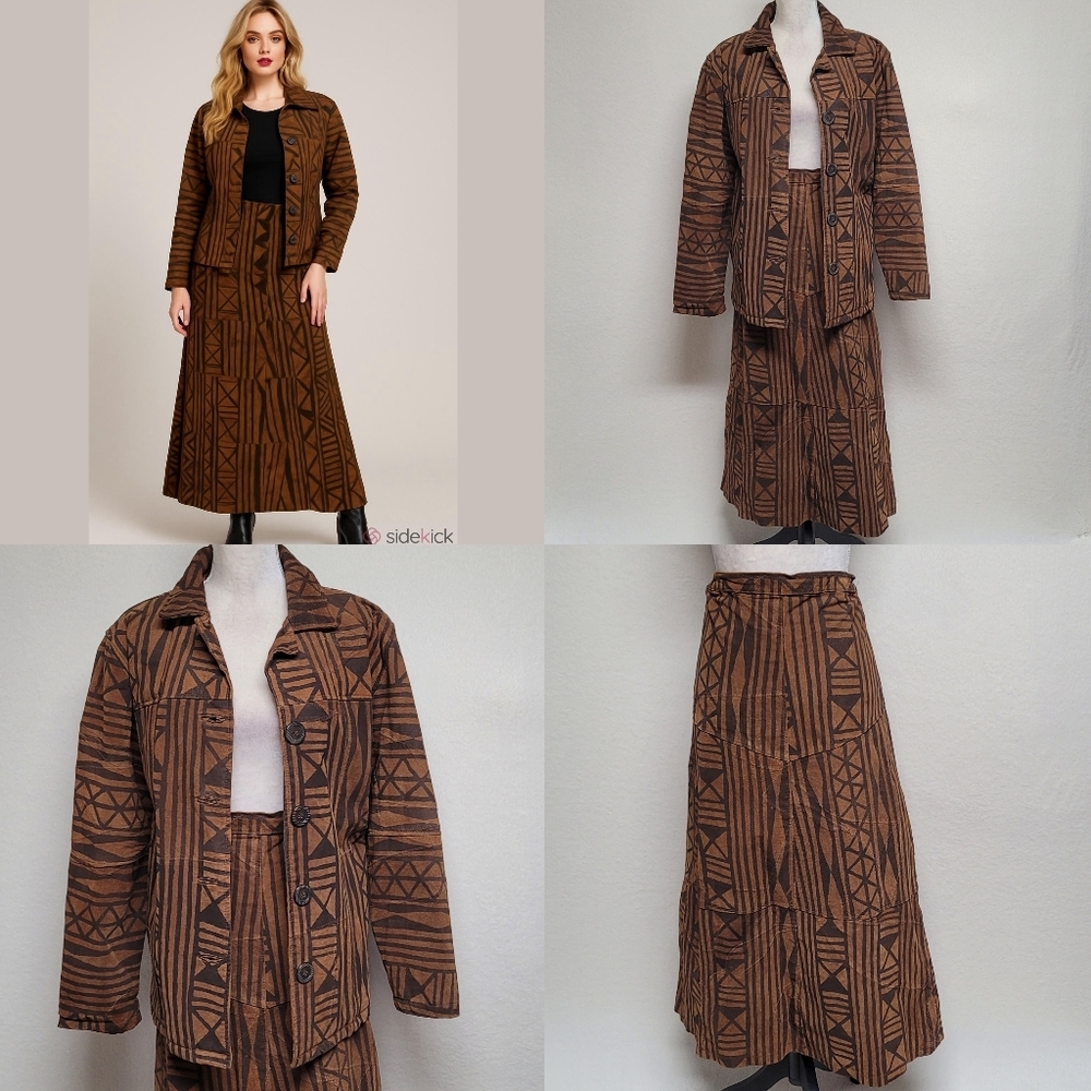 Robert Louis Vintage 90s Brown Patchwork Aztec Print Suede Leather Jacket Skirt